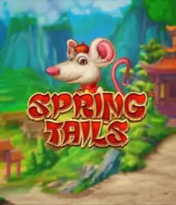 An enchanting illustration of a white rat wearing a red traditional Chinese outfit positioned in front of a vibrant mountain backdrop. The image represents the Spring Tails game by Betsoft, showcased with prominent red and gold logo text.