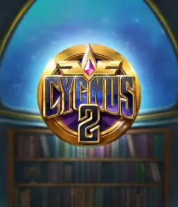 Discover the magical artwork of ELK Studios' Cygnus 2 Slot, showcasing a luxurious emblem with a bright design in purple and gold. Positioned against a mystical library setting, this image conjures the theme of adventure and mystery. 